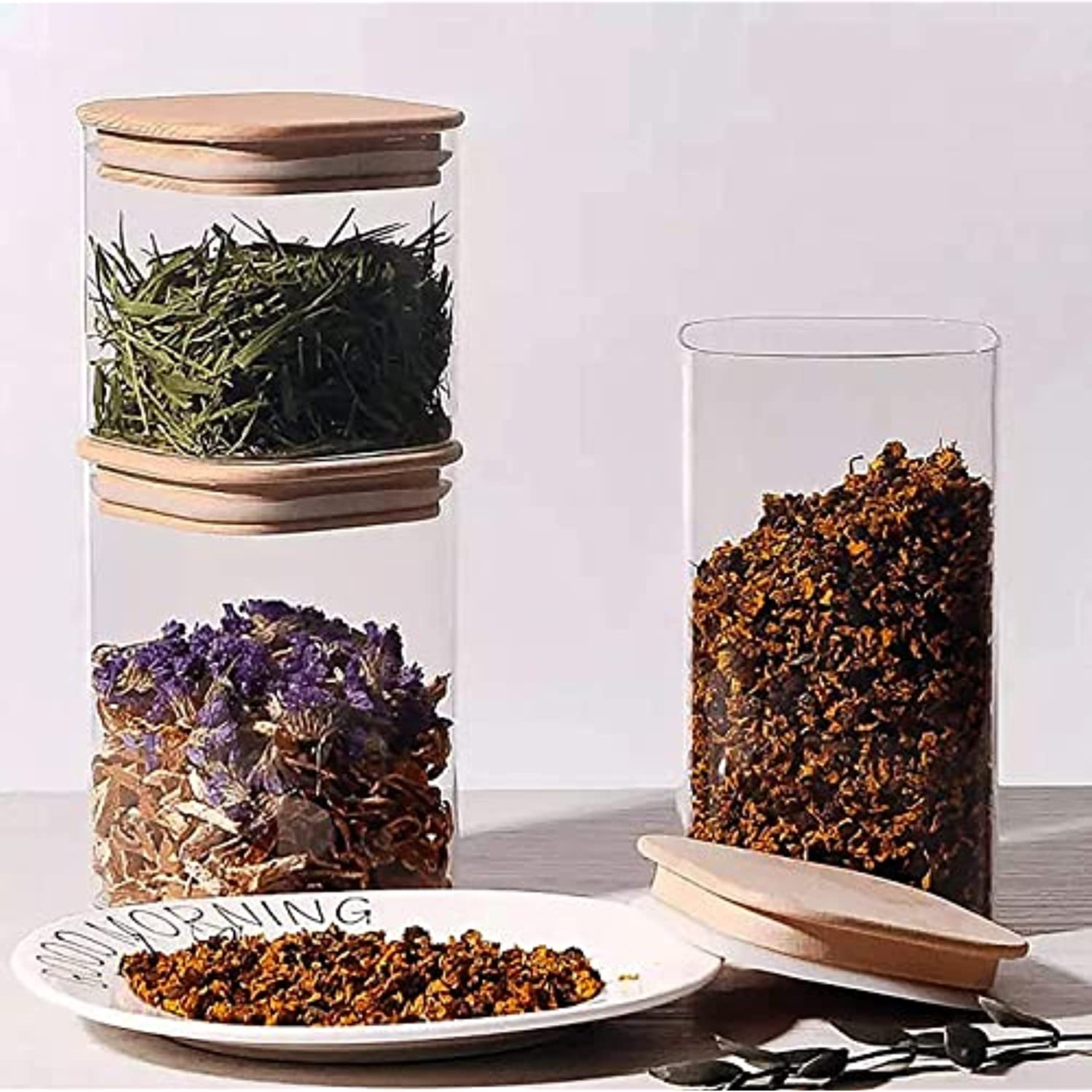 Set of 5 Square Canisters, Glass Kitchen Canister with Airtight