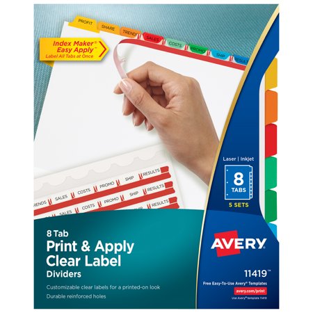 UPC: 0072782114190 | Avery 8 Tab Dividers for 3 Ring Binder  Easy Print & Apply Clear Label Strip  Index Maker Customizable Multicolor Tabs  5 Sets (11419)