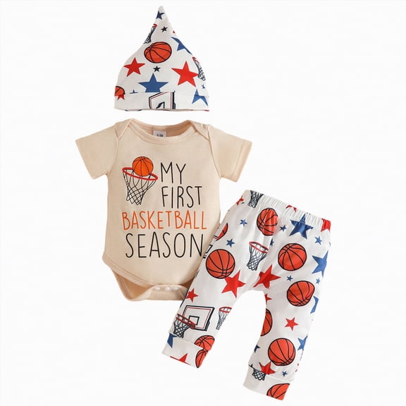 UngA My First Basketball Season Baby Boy Outfit Newborn Short Sleeve Romper Basketball Long Pants Hat 3Pcs Infant Spring Summer Clothes Sets (Beige,12-18 Months)