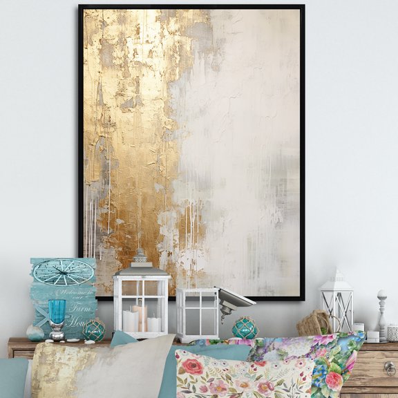 Designart "Abstract River In Minimal Gold And Beige III" Northern Lights Floater Framed Canvas Art Print