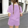 thumbnail image 4 of SGFCWSX Girls 2 Piece Outfits Summer Bow Print Short Sleeve T Shirt Side Stripe Shorts Set for Kids Purple Size 8, 4 of 6