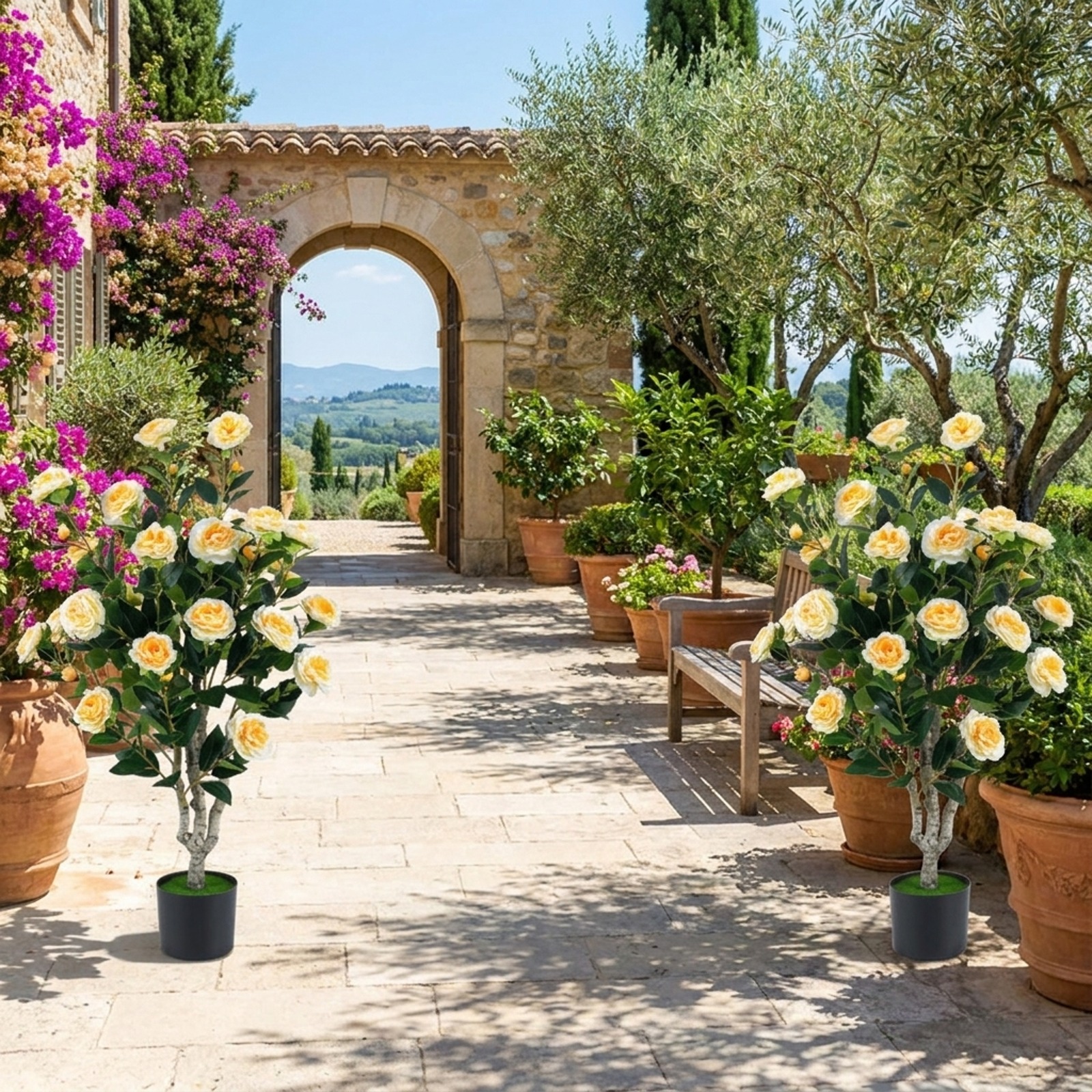 Vebreda Set of 2 39.5-Inch Artificial Camellia Trees with Yellow Flowers and Cement-Filled Pots for Indoor and Outdoor Decoration