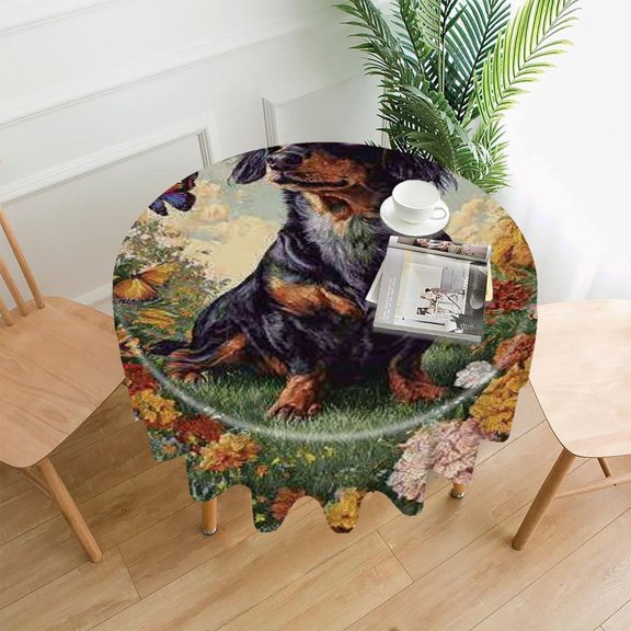 RKSupls 60 Inch Round Tablecloth, Dachshund Flowers Butterflies Premium Polyester Straight Edge Wrinkle Resistant Washable Table Cover for Party Home Dining Decor