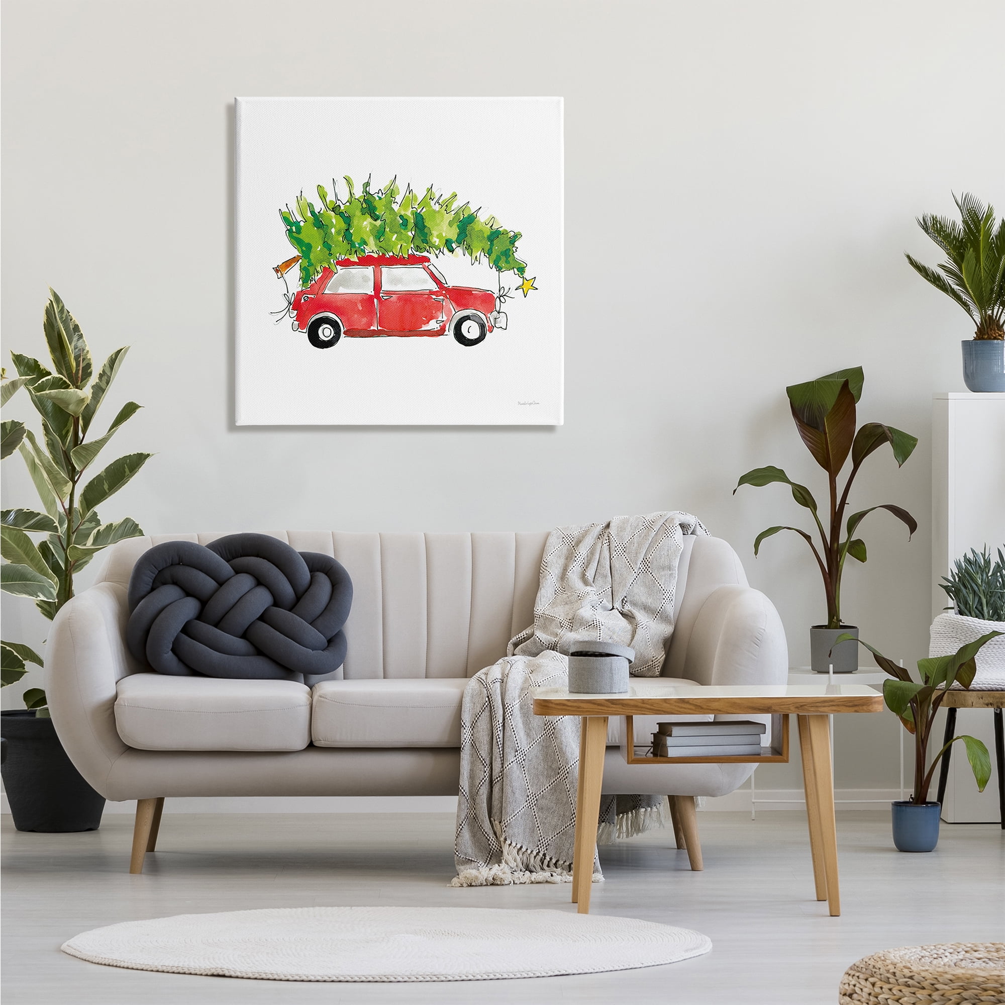 Stupell Industries Vintage Red Car Oversized Christmas Tree Watercolor Transportation Painting Gallery Wrapped Canvas Print Wall Art, 30 x 30