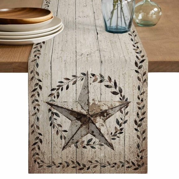 Table Runner 90 Inches Long for Kitchen Dining, Western Stars Farmhouse Dresser Scarf Farmhouse, Dining Table Decorations for Wedding/Parties, Vintage Wheat Rings Wooden Stripes 13 x 90 In