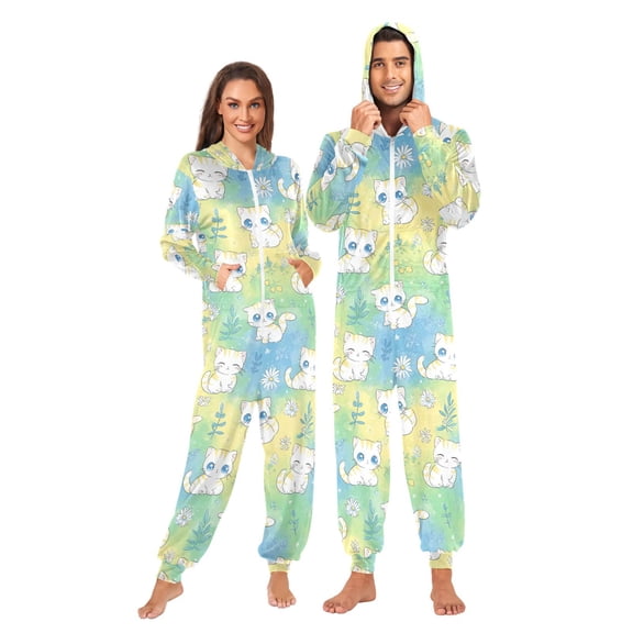Adult Onesie Pajamas for Women and Men Loose Fit Full-Zip One-Piece Sleepwear with Pockets Cute White Cats Pattern X-Small
