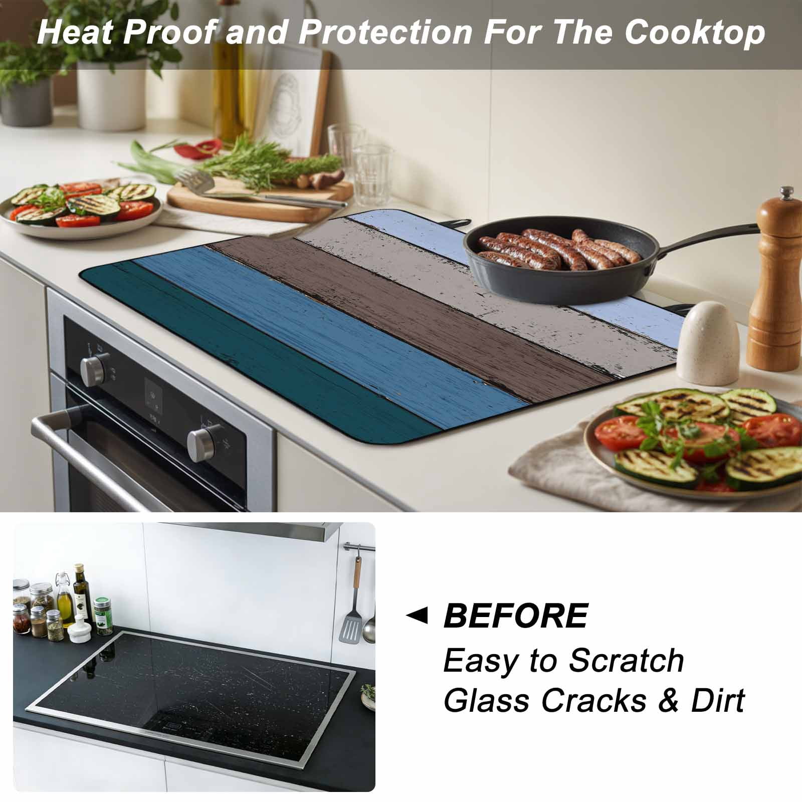 Blue Brown Grey Stove Top Cover for Electric Stove, Heat-proof & Non Slip Glass Top Stove Cover Protector, Vintage Stripe Farmhouse Wood Grain Kitchen Flat Cooktop Rubber Mat 24x21 Inches