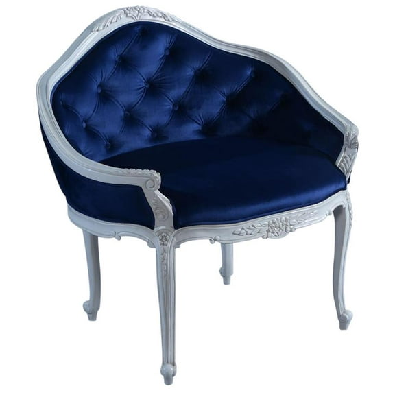 Luxurious Blue Velvet Hand-Carved Wood Settee