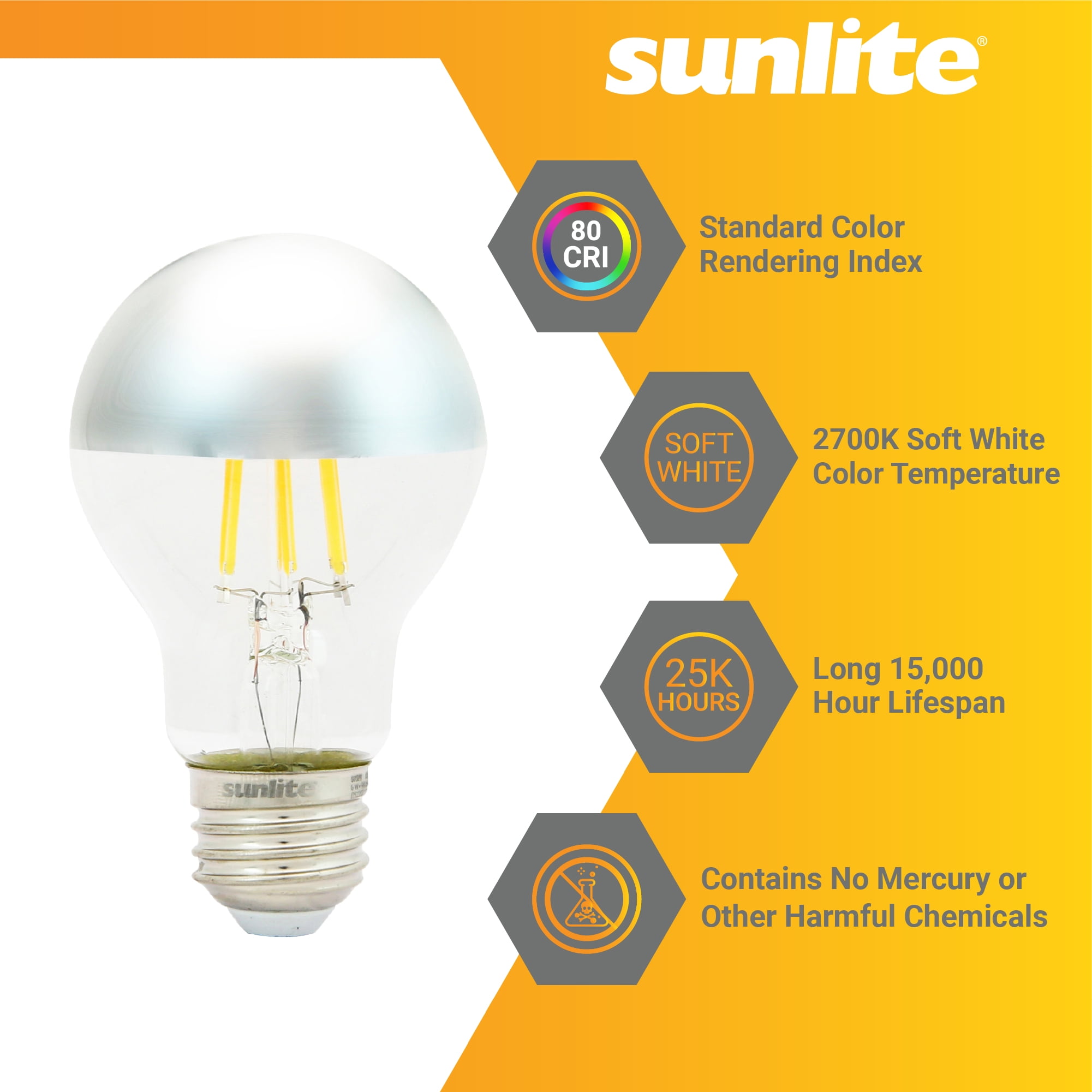 Sunlite 41853 LED A19 Clear Filament Style Light Bulb, 6 Watts (40 Watt Equivalent), 600 Lumens, 120 Volts, Dimmable, Medium E26 Base, UL Listed, Silver Bowl, 2700K Soft White, 6 Pack