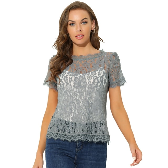 INSPIRE CHIC Haut en Dentelle Florale Semi-Transparente à Bord Festonné pour Femme