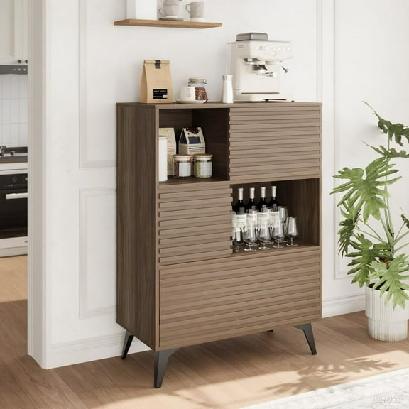 BouPower 3-Tier Display Storage Cabinet with Doors, Mid-Century Modern Wooden Buffet Accent Cabinet with Strong Legs for Living Room, Dining Room, Kitchen, Hallway, Walnut, Natural, Black