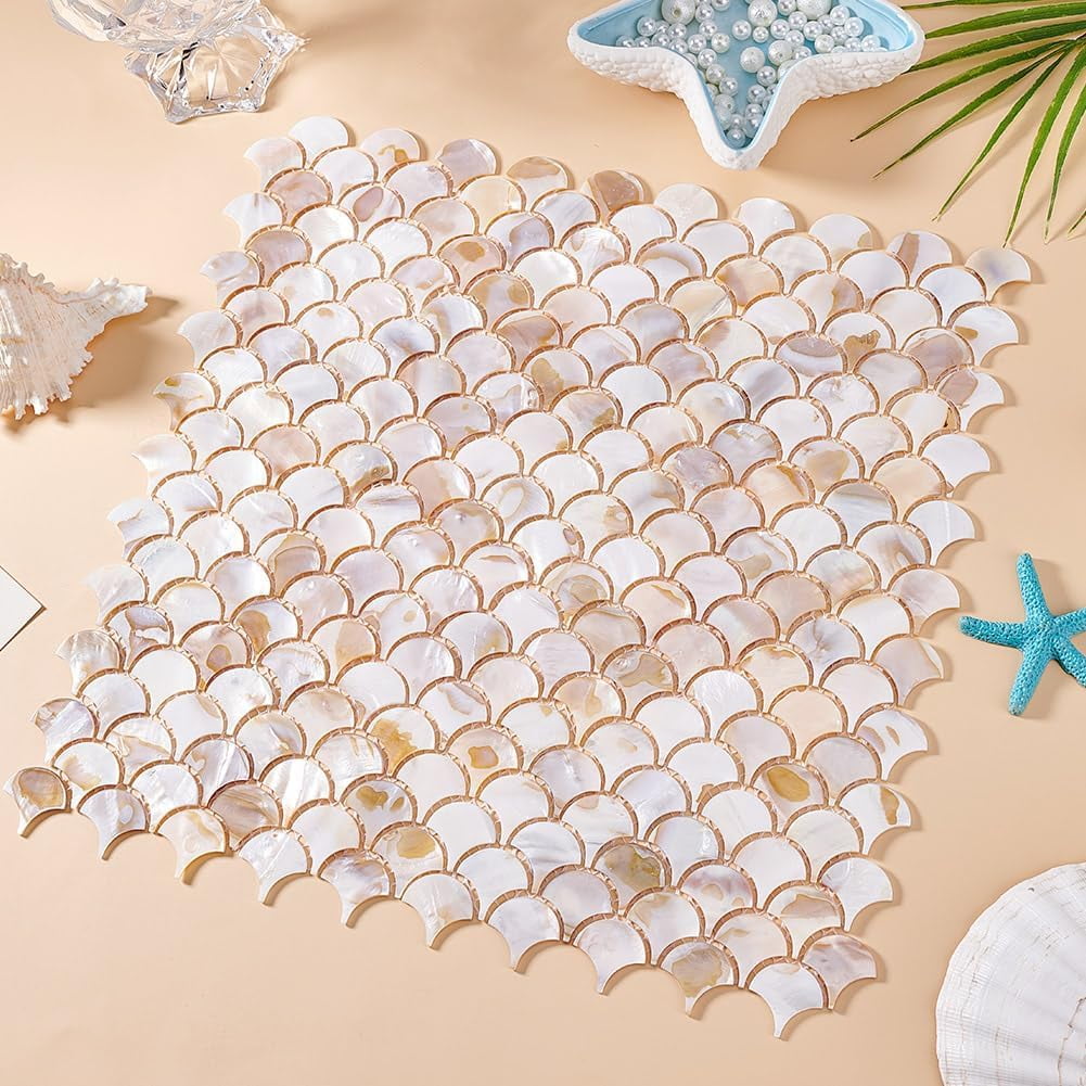 2 Pcs Self Adhesive Wall Tiles 12.4x12.2 Inch Mother of Pearl Fishscale Tiles Peel and Stick Backsplash Shell Tiles for Kitchen Wall Bathroom Bedroom Decor for DIY