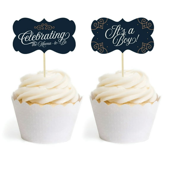 Navy Blue Art Deco Vintage Party Baby Shower, Fancy Frame Shape, 18-Pack Cupcake Topper DIY Kit