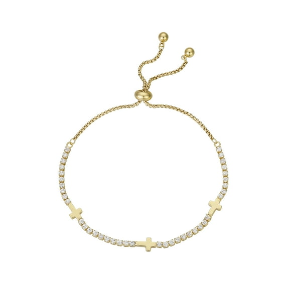 Believe by Brilliance Women's 14Kt Gold Flash Plated Cubic Zirconia Cross Adjustable Bolo Bracelet