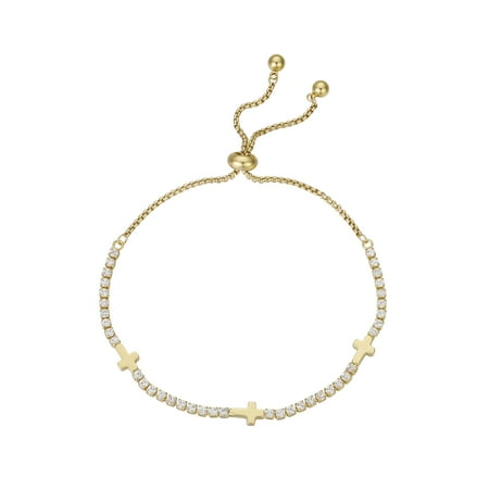 Believe by Brilliance Women's 14Kt Gold Flash Plated Cubic Zirconia Cross Adjustable Bolo Bracelet