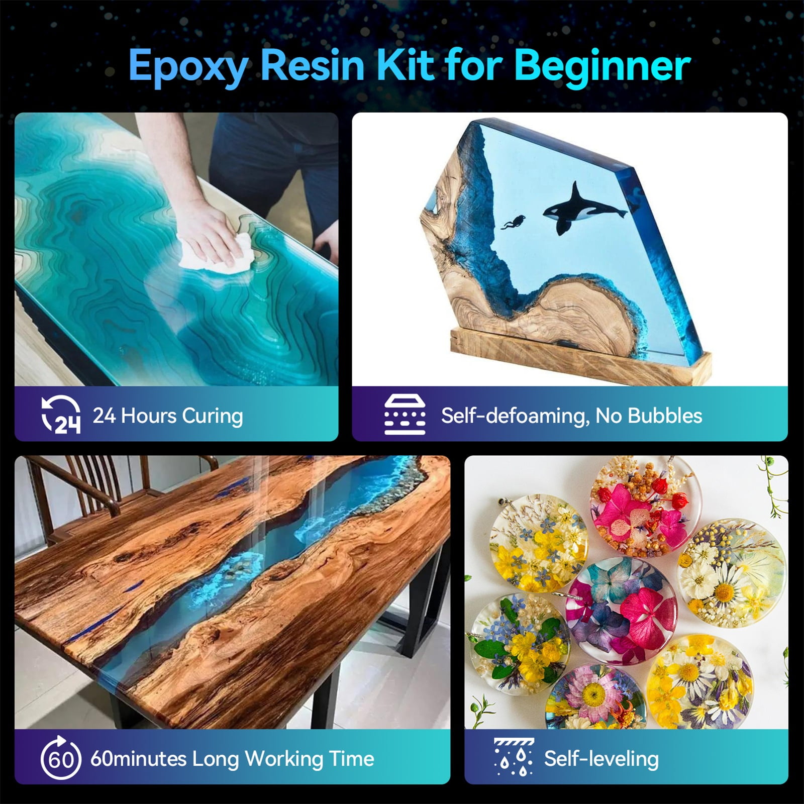 Epoxy Resin 1 Gallon, Omewoold Crystal Clear Resin Kit with 10 Color Pigments, 24 Mica Powder, No Bubble Casting Resin for Art Crafts, Jewelry Making, DIY River Table Countertop Tumbler