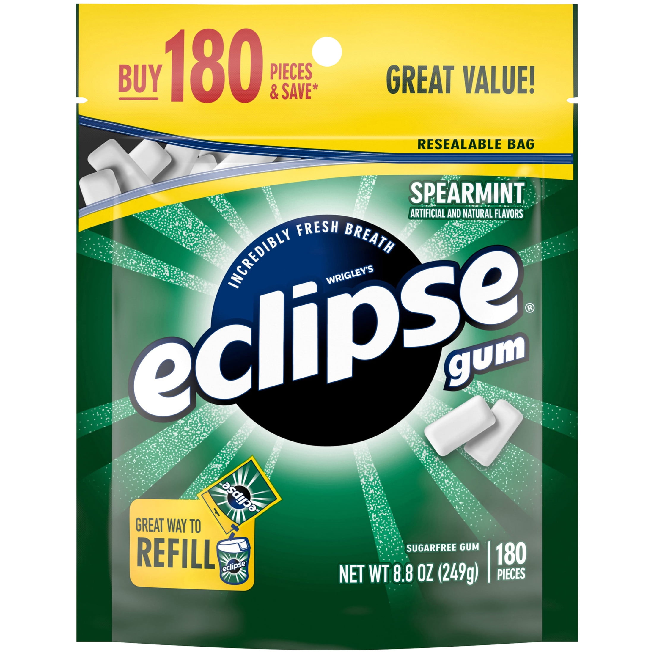 (4 pack) Eclipse Spearmint Sugar Free Chewing Gum, Value Pack - 180 ct Bag