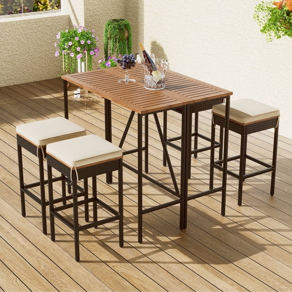 EUROCO 5-Piece Outdoor Dining Set, All-Weather Patio Garden Set with Cushions, Acacia Wood Table and 4 Stools, High-Dining Bistro Set with PE Rattan Wicker Dining Table, Foldable Tabletop, Brown
