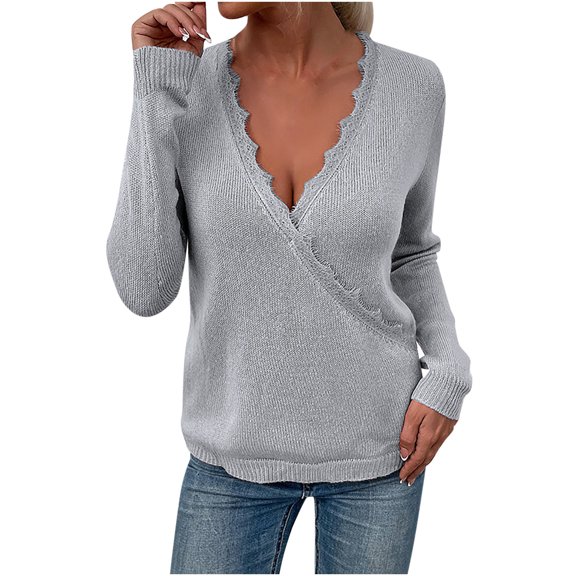 XFLWAM Womens Knitted Deep V-Neck Lace Trim Long Sleeve Wrap Front Loose Sweater Pullover Jumper Tops Gray S
