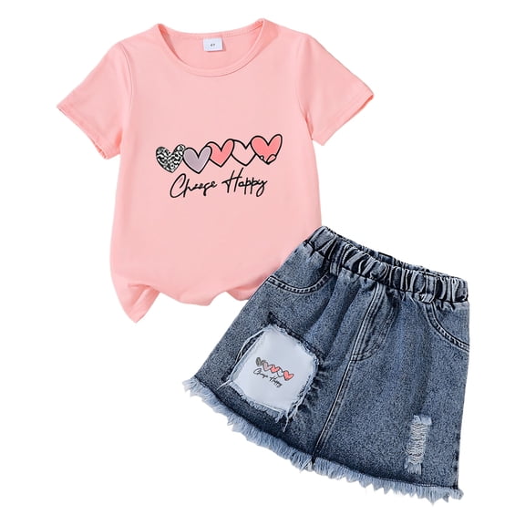 TOWED22 Toddler Girl Denim Skirt Set Print Short Sleeve T-Shirt Tops and Jean Skirt Outfits Kids Summer Clothes(N,4-5 Y)