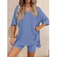 thumbnail image 3 of PRETTYGARDEN 2 Piece Sets for Women Summer Lounge Short Set Spring Matching Biker Shorts V Neck Oversized Shirt Clothing, 3 of 10