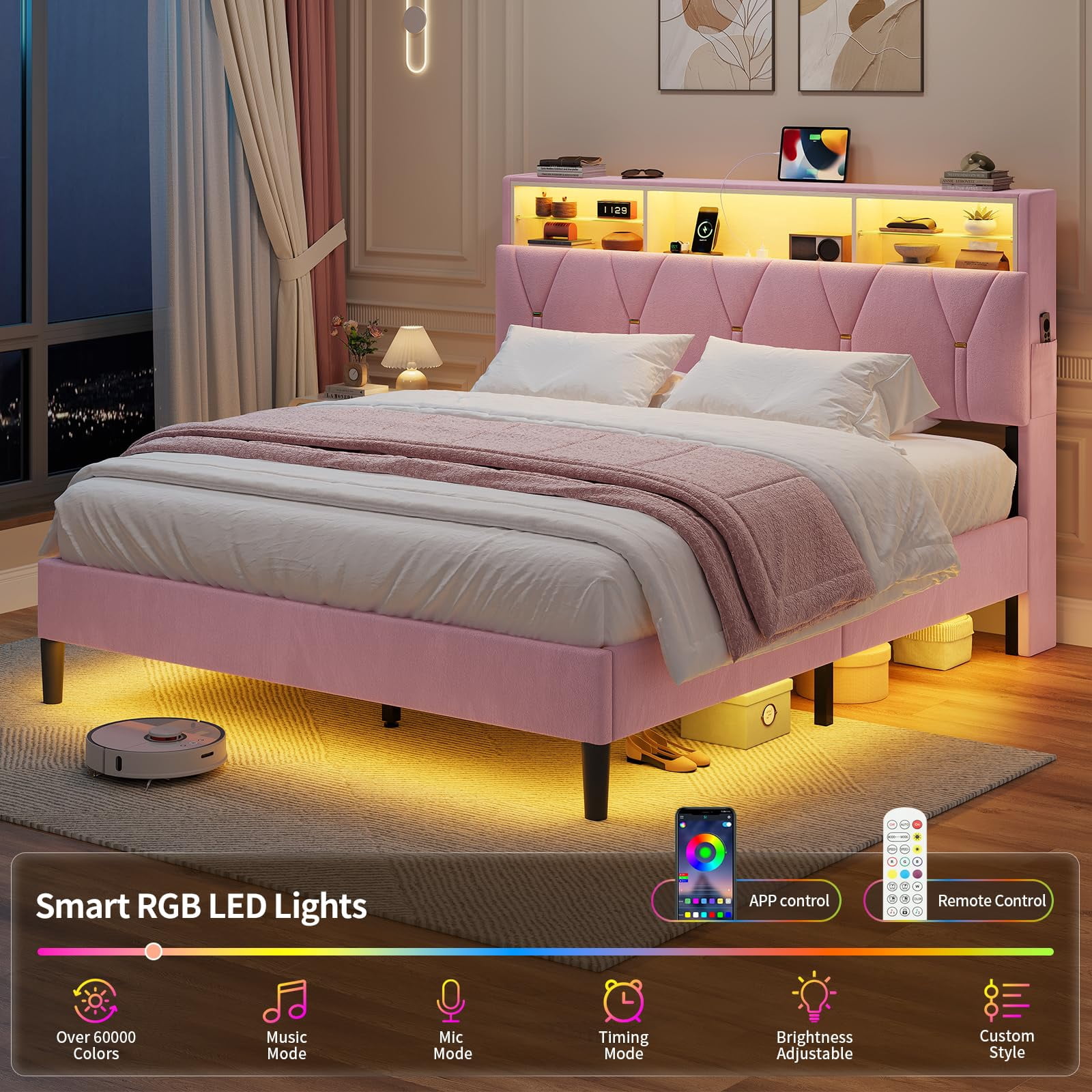 Princess Full Size Platform Bed Frames with Storage Headboard,Power Outlet, Modern Velvet Upholstered Girls Bed with LED Lights and Storage Shelves,No Box Spring Needed,Noise-Free,Easy Assembly, Pink