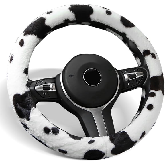 Plush Cow Print Steering Wheel Cover Fluffy Winter Warm Universal 15 Inch for Women