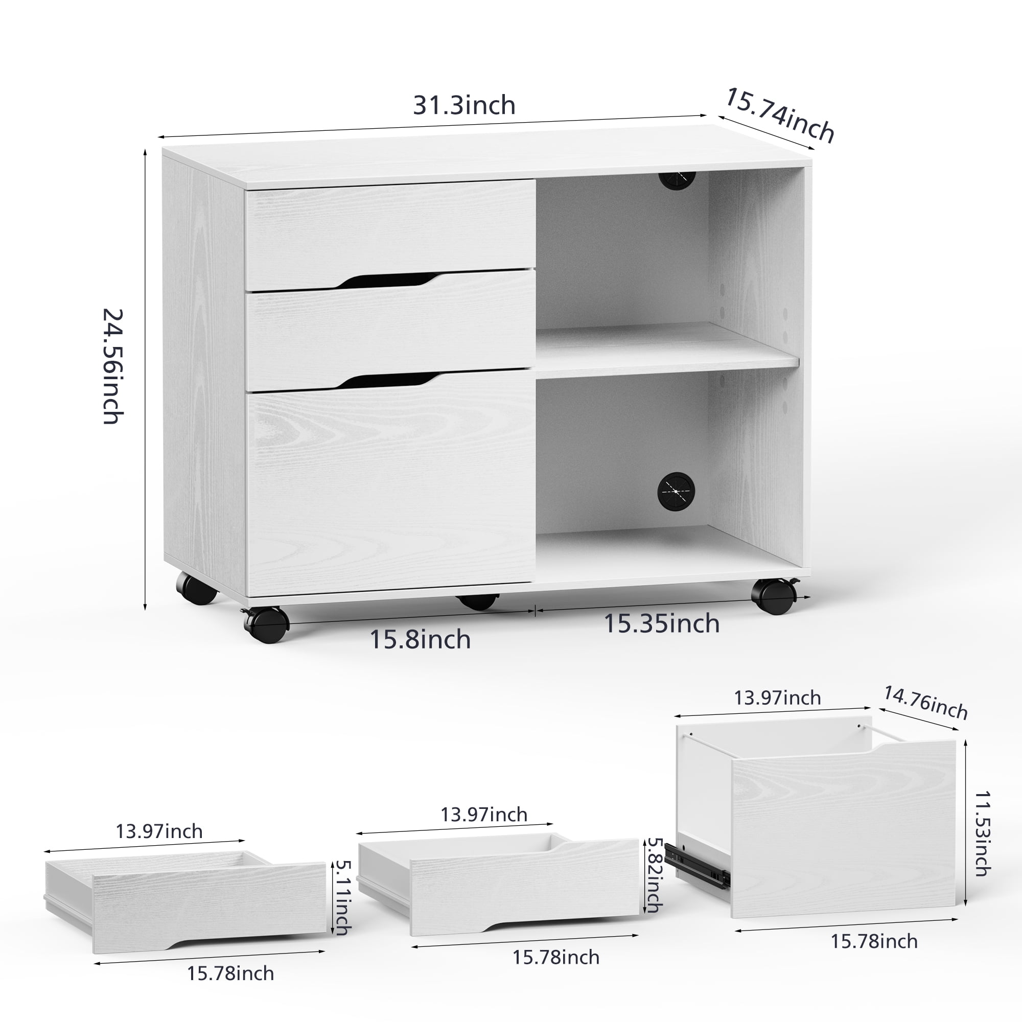 Gianna 3 Drawer File Cabinet with Wheels and Open Storage Shelves for Home Office, White
