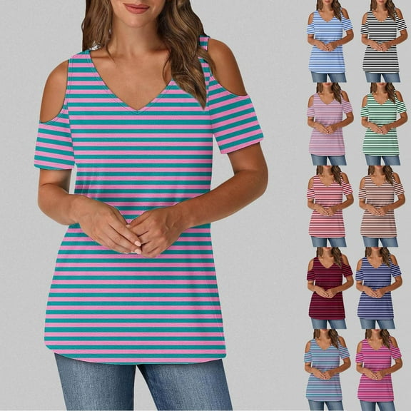 YHAJDS T Shirts for Women Short Sleeve V Neck Striped Print Off Shoulder Casual Summer Top