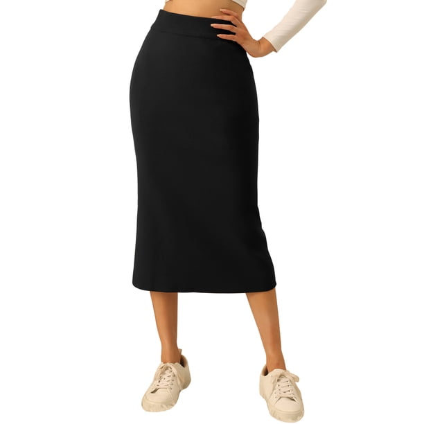 Faldas midi clásicas elásticas de cintura alta con abertura para mujeres INSPIRE CHIC XL negras
