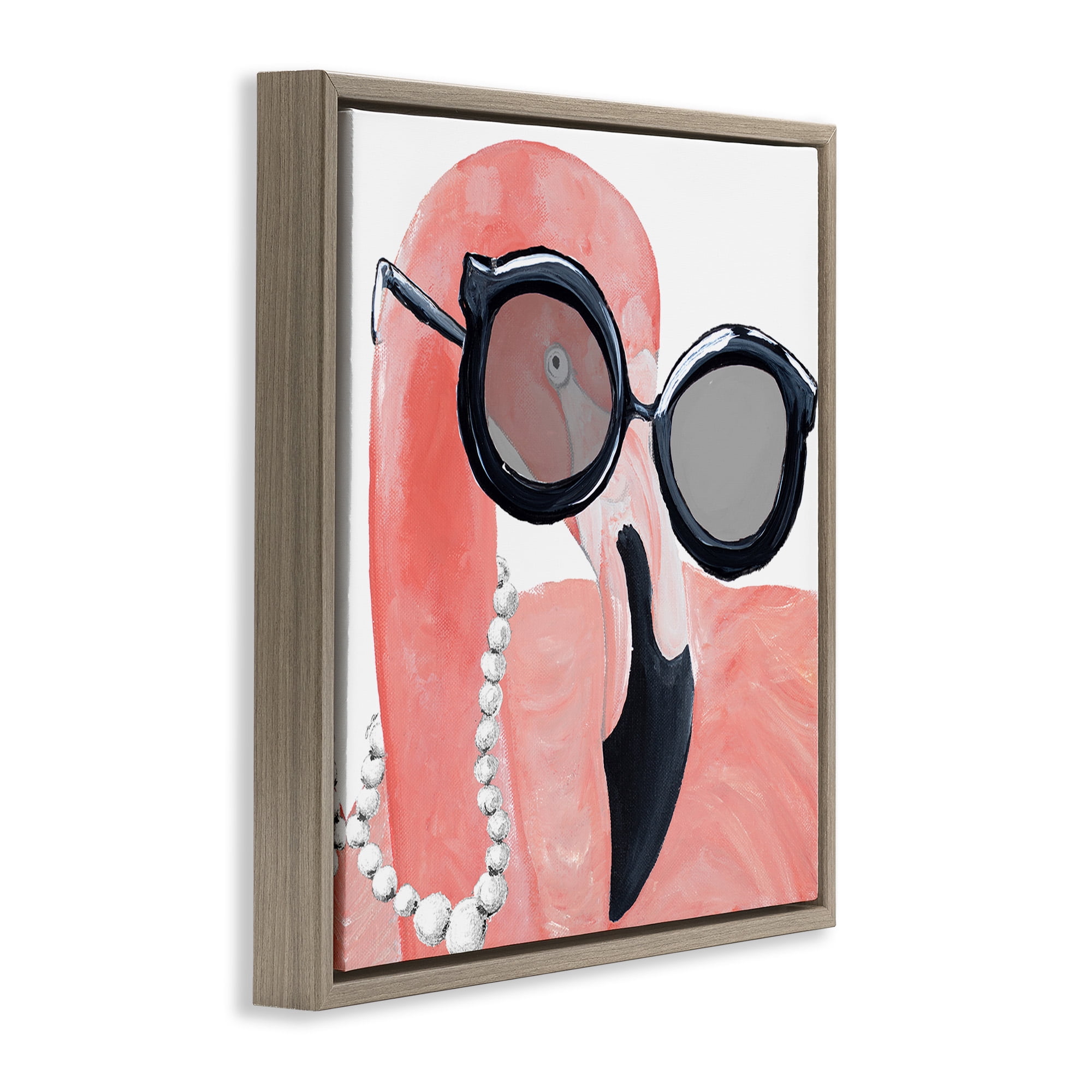 Stupell Industries Flamingo with Glam Pearls Animals & Insects Painting Brown Floater Framed Canvas Art Print Wall Art, 25 x 25