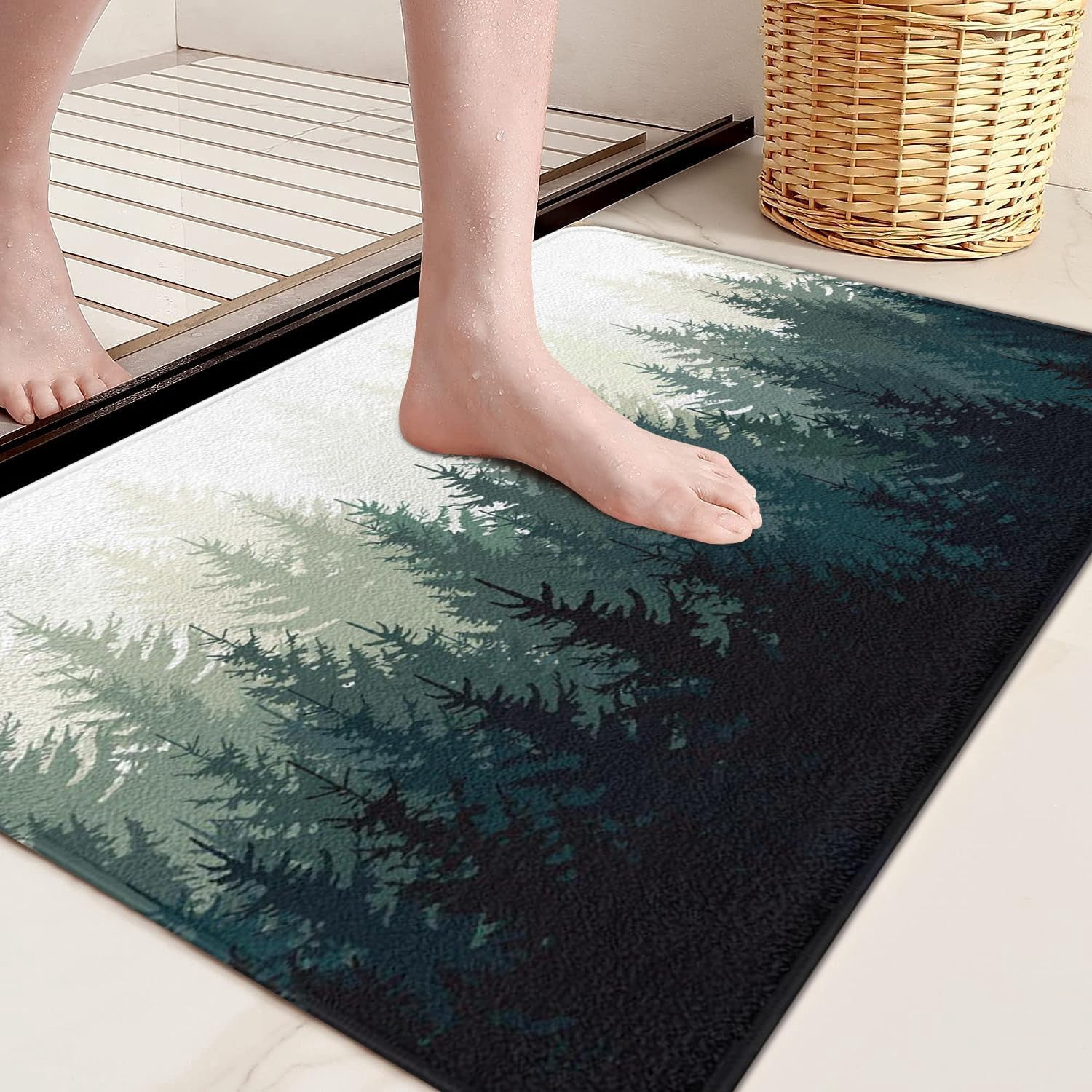Misty Forest Bathroom Rugs Nature and Woodland Bath Mat Non-Slip Water Absorbent Bath Rug Soft Microfiber Floor Mats for Bathroom Tub and Shower Room Blue