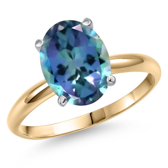 Gem Stone King 14K Two Tone Gold Millennium Blue Mystic Topaz Engagement Ring for Women | 3.00 Cttw | Oval 10X8MM | Gemstone November Birthstone | Size 6