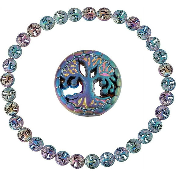 32Pcs Tree of Life Beads Synthetic Hematite Flat Round Fortune Tree Bead for Jewellery Making