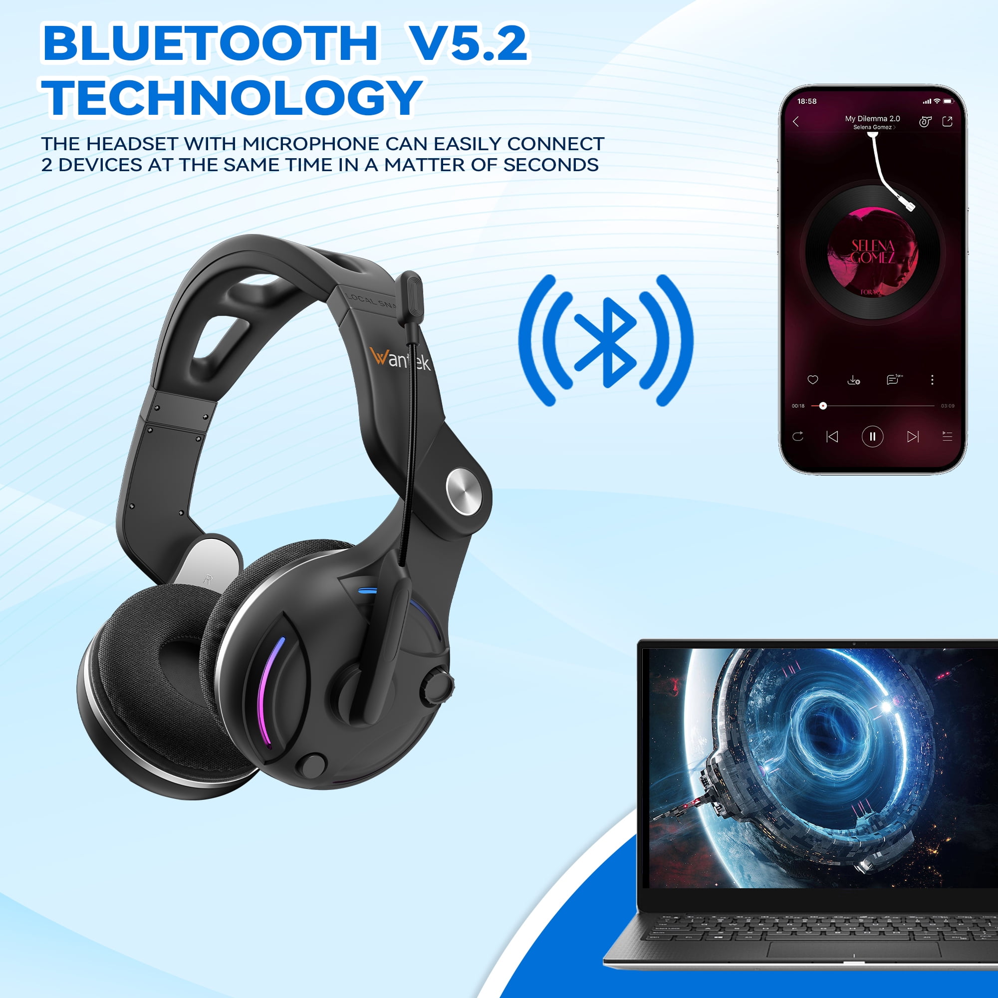 Wantek Wireless Bluetooth 5.3 Headset with Microphone AI Noise Cancelling For Phones PC
