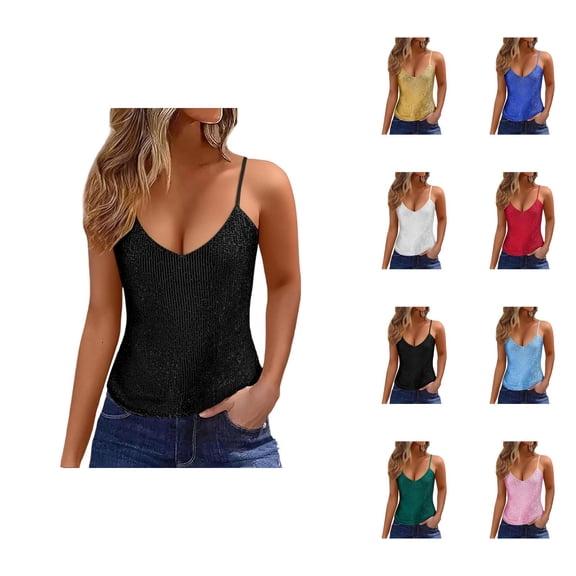 Sparkly Sequin Tank Tops for Women V Neck Loose Fit Shiny Sequins Spaghetti Strap Camisole Tops Rave Party Clubwear