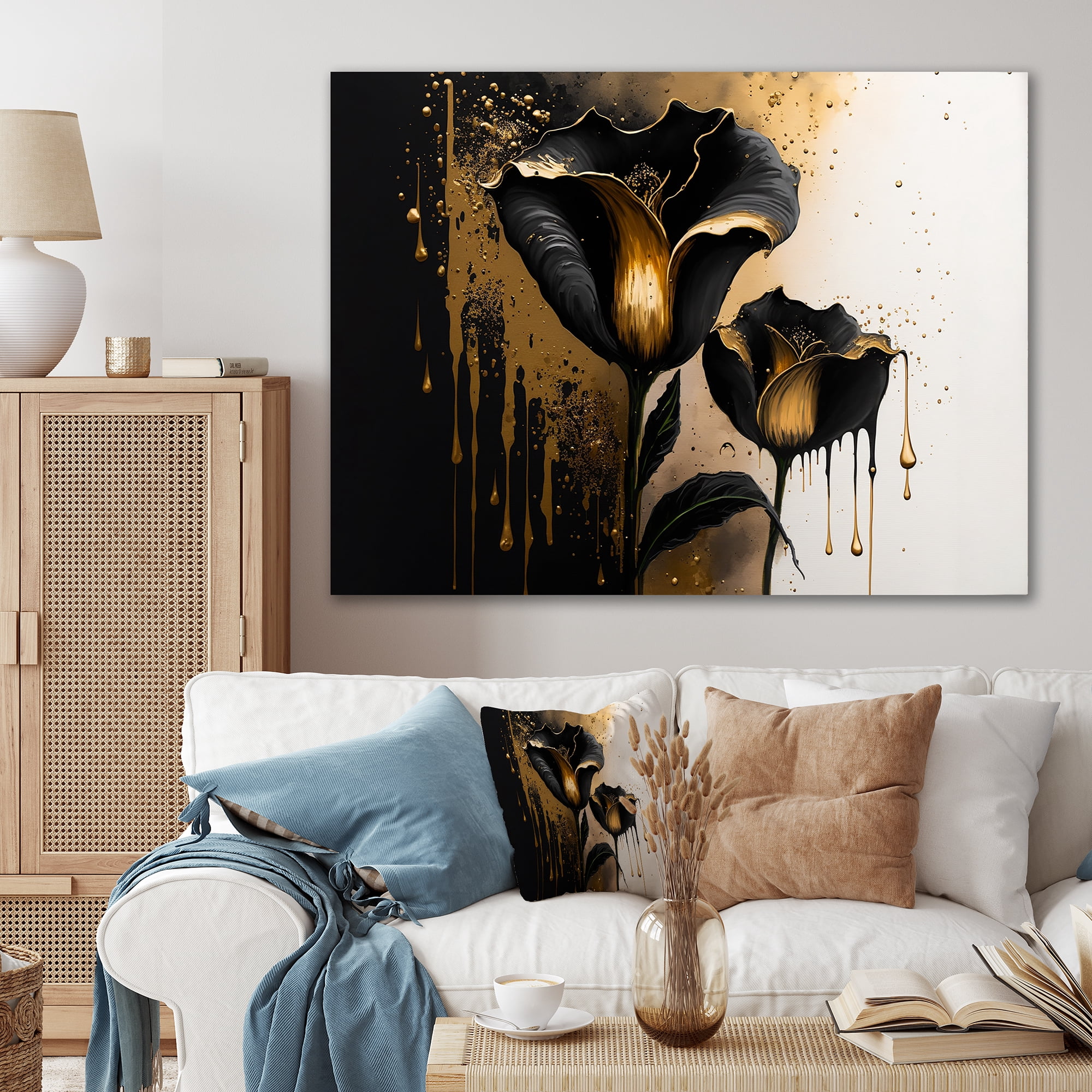 Designart Black And Gold Cally Lillies Canvas Wall Art