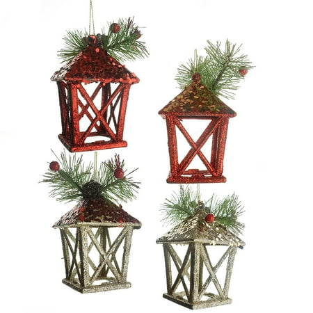 Christmas Glitter Lantern Ornaments, Red/Champagne, 5-Inch,