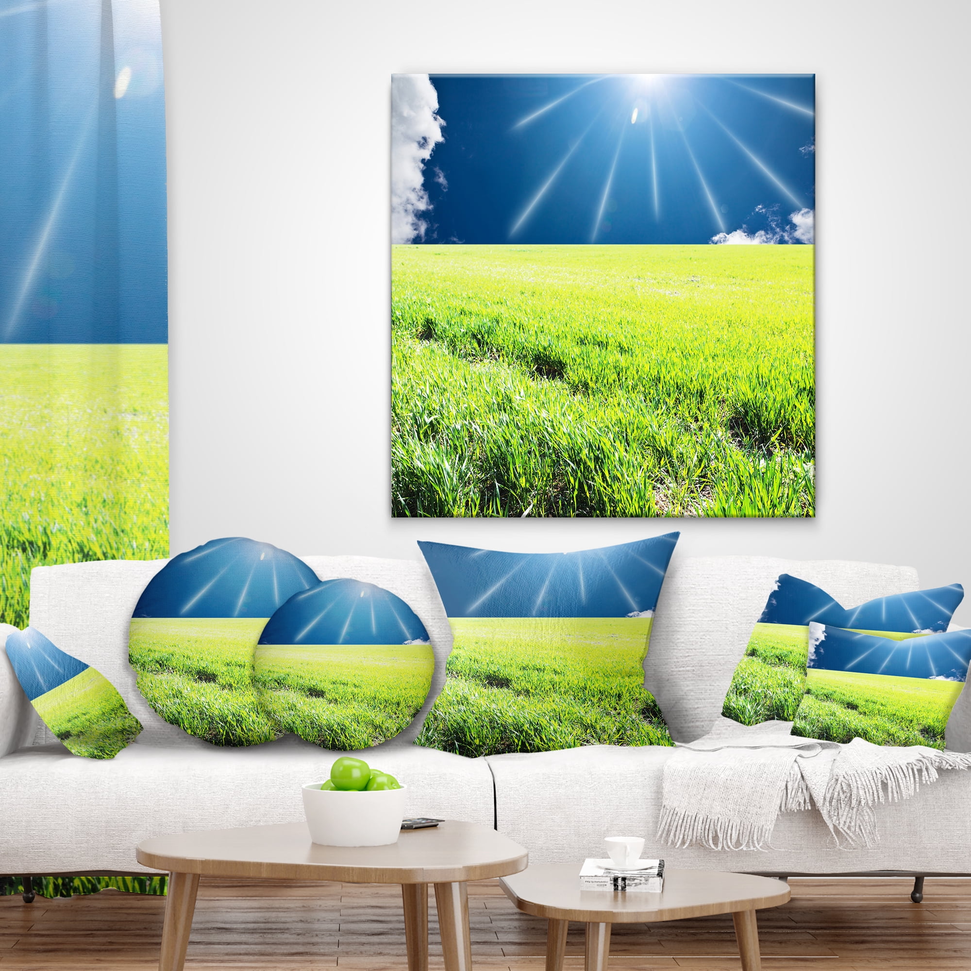 Designart Sunny Field with Green Grassland - Landscape Printed Throw Pillow - 18x18