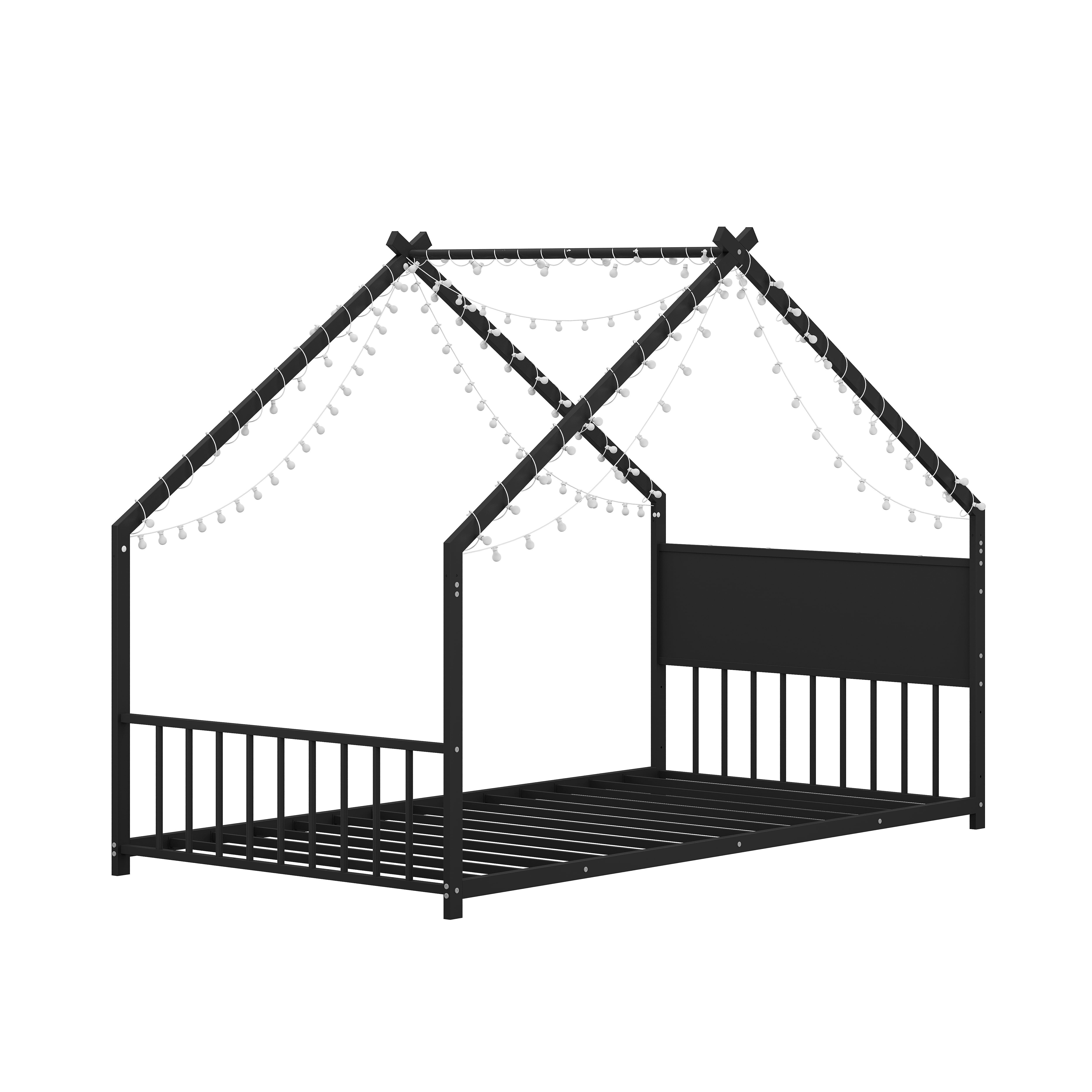 Euroco Metal  Twin Size House Bed with LED Lights, Floor Bed with Roof Design, Black