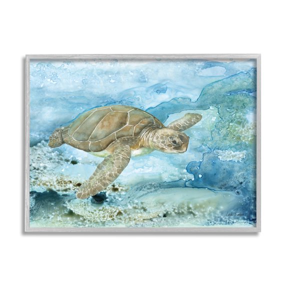 Stupell Industries Modern Sea Turtle Splash Animals & Insects Painting Gray Framed Art Print Wall Art, 30 x 24