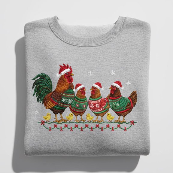 Ugly Christmas Chicken Sweater Embroidered Sweatshirt, Funny Farm Family Pullover, Rooster Hen Chicks Xmas Gift, Chicken Mom Dad