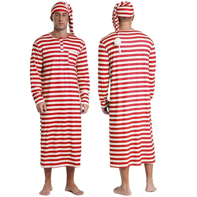 Moggemol Ensemble de Pyjama de Nuit Peignoir à Manches Longues pour Hommes avec Bonnet de Nuit Rouge G