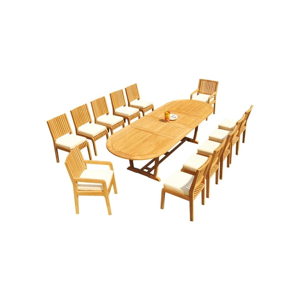 Grade-A Teak Dining Set: 12 Seater 13 Pc: 118" Mas Oval Trestle Leg Table And 12 Maldives Chairs (2 Arm & 10 Armless Chairs) WholesaleTeak #51ML2713