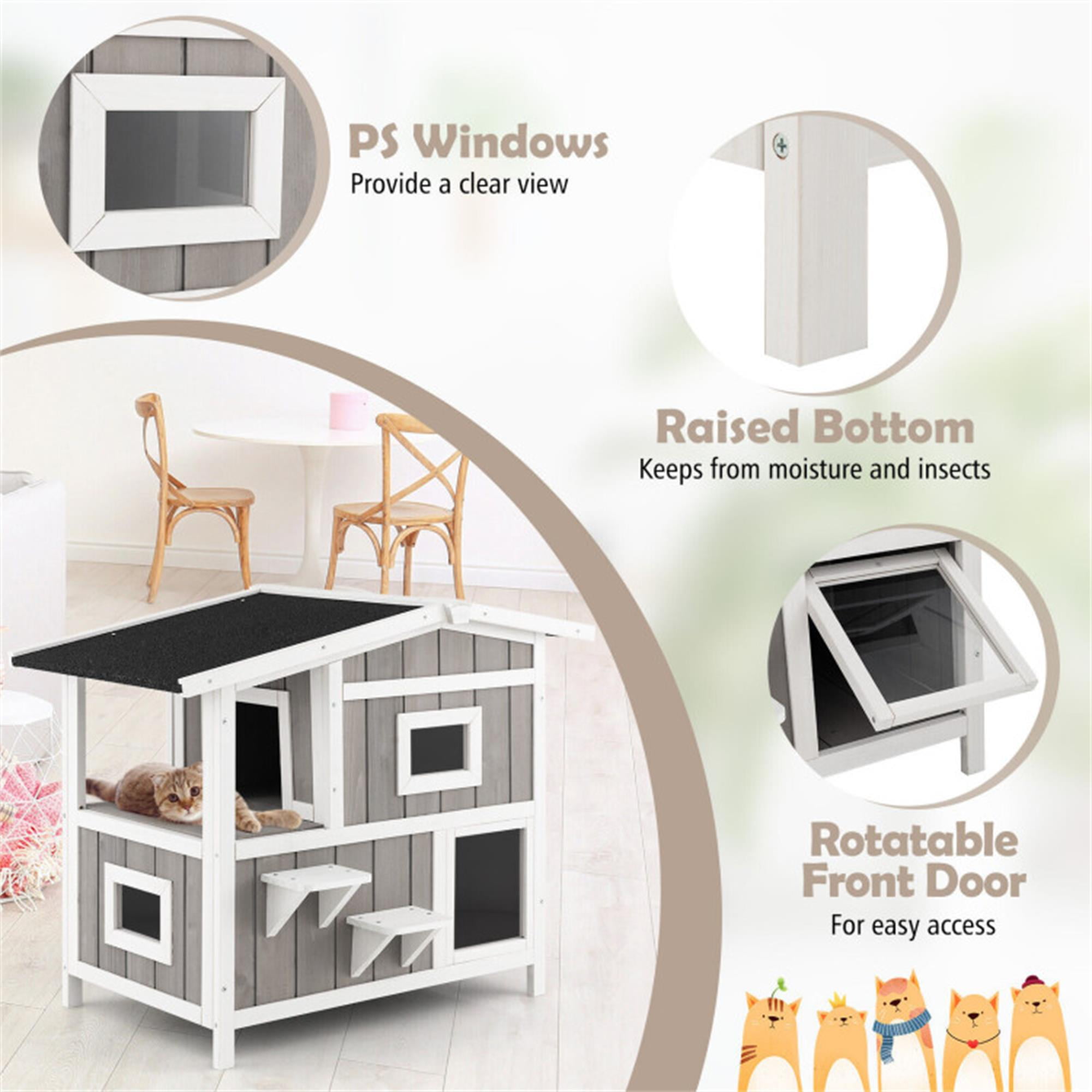 Kadyn 39" Outdoor 2-Story Cat House, Feral Cat Shelter with Escape Door, Rainproof Outside Kitty Condo for 3 Adult, Gray