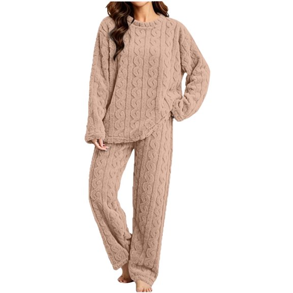 lcziwo Womens Fleece Pajama Sets Winter Warm Fuzzy Ribbed Sleepwear Comfy Soft Fluffy Pjs 2 Piece Loungewear Plush OutfitsKhaki,Free Size