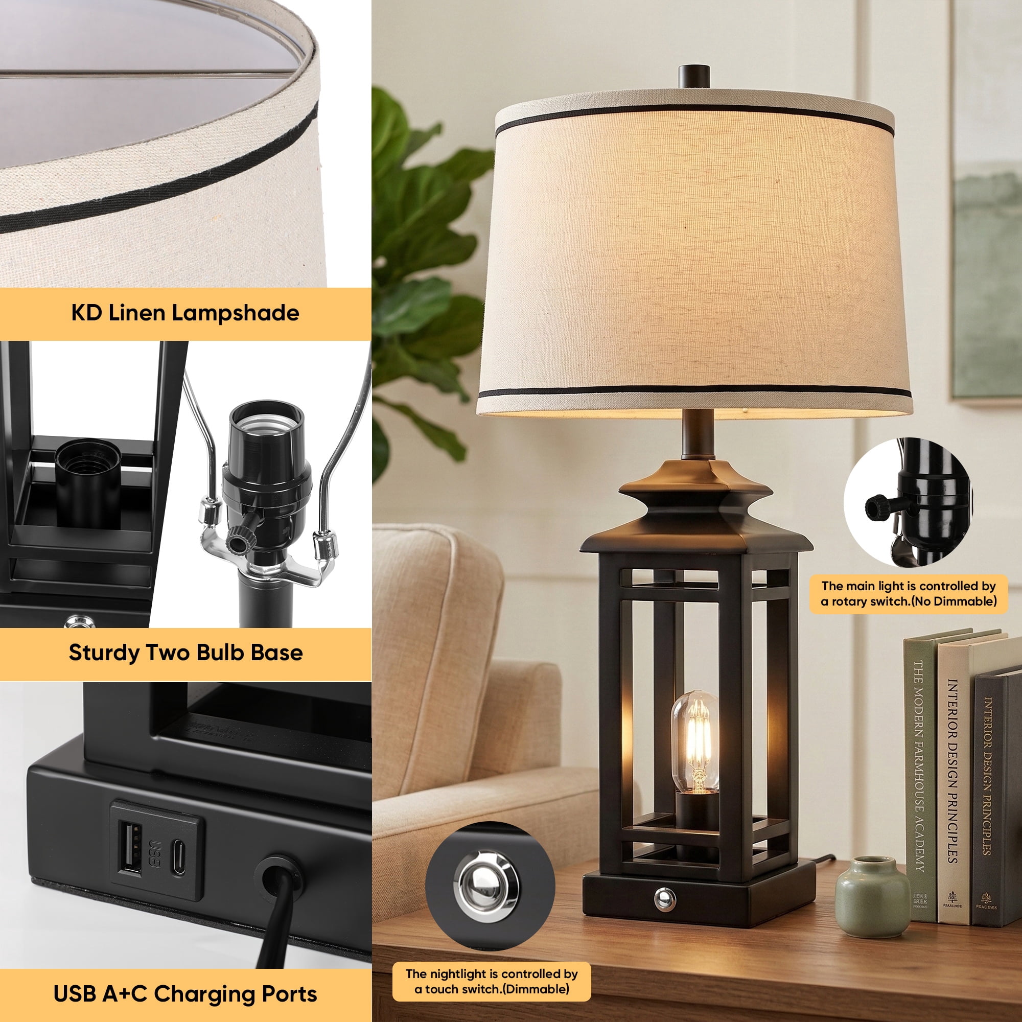 26in Farmhouse Table Lamp Black Desk Lamp with Linen Shade, LED Bulbs Included for Bedroom Living Room