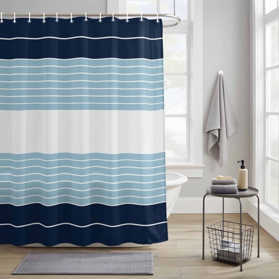 Bathroom Shower Curtain Ombre Navy Blue Light Blue Linen Waterproof Shower Curtains with Hooks, Modern Minimalist Lines Bath Curtains Bathtub Curtain Home Decor 36x72in