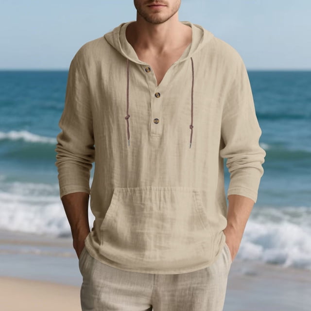 pstuiky Camisas de manga larga abrigadas para hombre, Suéter playero informal de manga larga con capucha y cordón ajustable para hombre Tops de talla grande para hombre xl