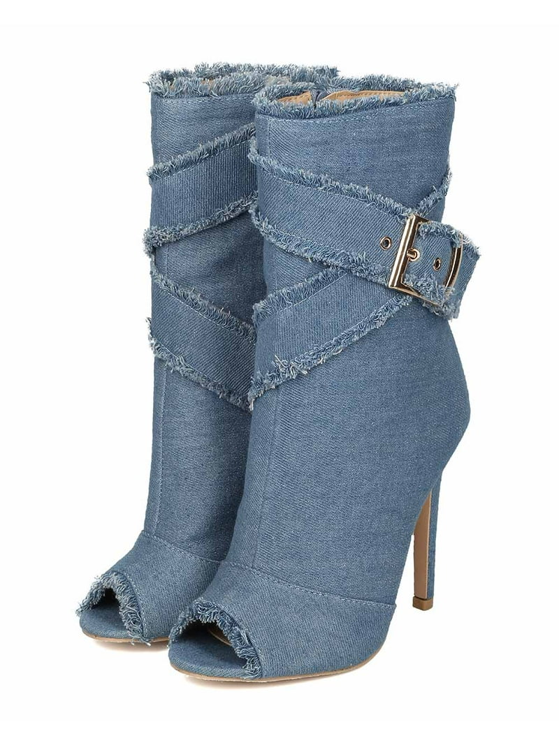 Women Denim Peep Toe Frayed Stiletto Ankle Boot HC44 Women Denim Peep Toe Frayed Stiletto Ankle Boot HC44